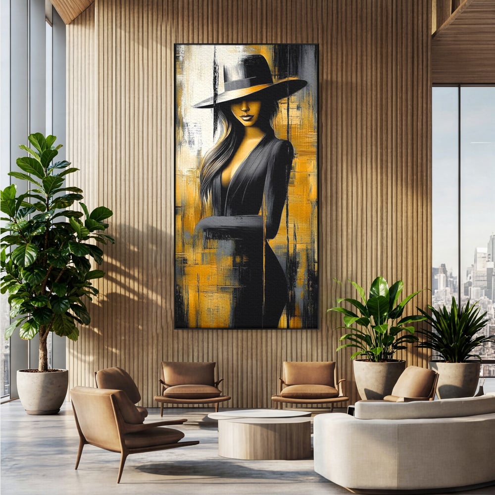 Tablou Canvas Premium, LuxCanva® G1173, Trecatoare prin Lumina, Oras, Necunoscuta, Boruri, Palarie, Silueta, Feminina, Auriu, Conceptual, Estetica, Cinematografic, Birou, Living, Dormitor