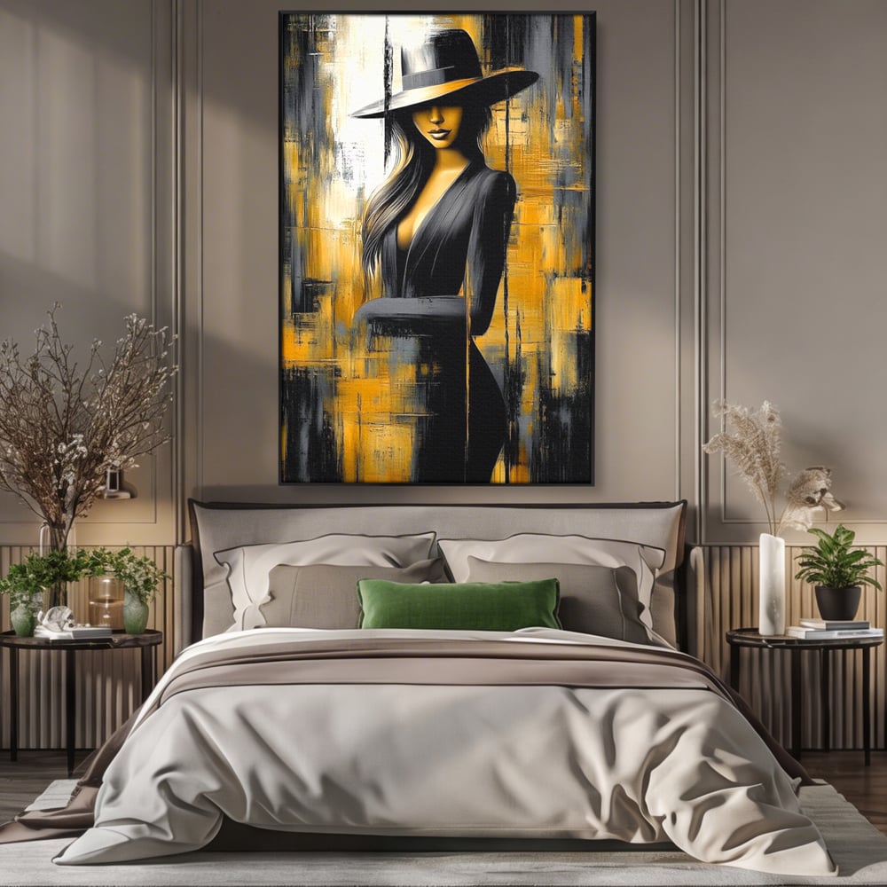 Tablou Canvas Premium, LuxCanva® G1173, Trecatoare prin Lumina, Oras, Necunoscuta, Boruri, Palarie, Silueta, Feminina, Auriu, Conceptual, Estetica, Cinematografic, Birou, Living, Dormitor