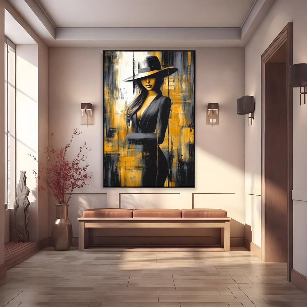 Tablou Canvas Premium, LuxCanva® G1173, Trecatoare prin Lumina, Oras, Necunoscuta, Boruri, Palarie, Silueta, Feminina, Auriu, Conceptual, Estetica, Cinematografic, Birou, Living, Dormitor