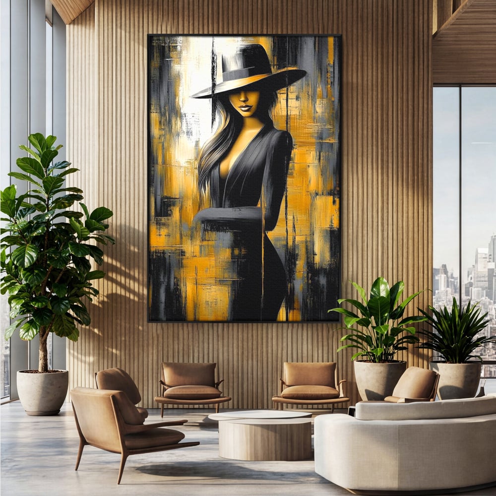 Tablou Canvas Premium, LuxCanva® G1173, Trecatoare prin Lumina, Oras, Necunoscuta, Boruri, Palarie, Silueta, Feminina, Auriu, Conceptual, Estetica, Cinematografic, Birou, Living, Dormitor