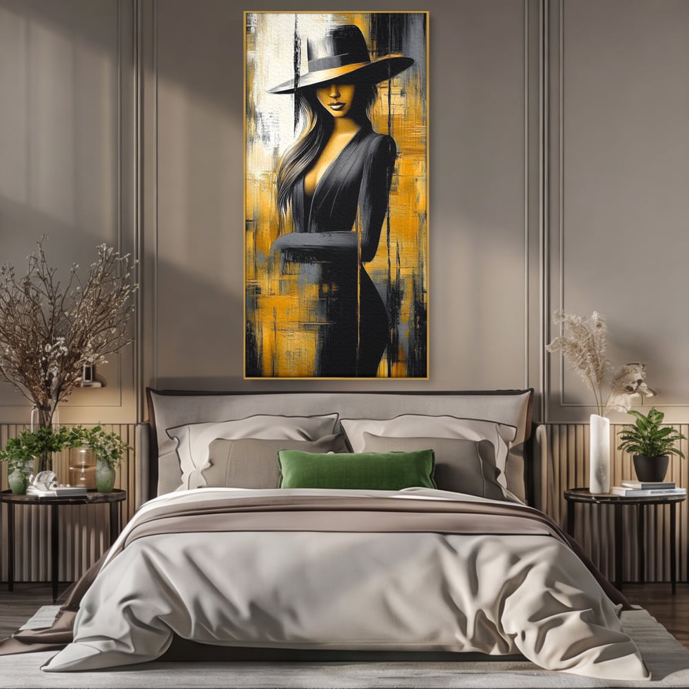 Tablou Canvas Premium, LuxCanva® G1173, Trecatoare prin Lumina, Oras, Necunoscuta, Boruri, Palarie, Silueta, Feminina, Auriu, Conceptual, Estetica, Cinematografic, Birou, Living, Dormitor