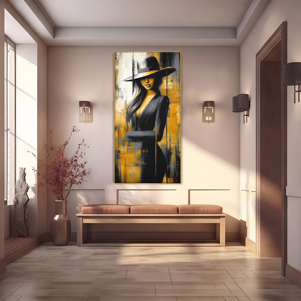 Tablou Canvas Premium, LuxCanva® G1173, Trecatoare prin Lumina, Oras, Necunoscuta, Boruri, Palarie, Silueta, Feminina, Auriu, Conceptual, Estetica, Cinematografic, Birou, Living, Dormitor