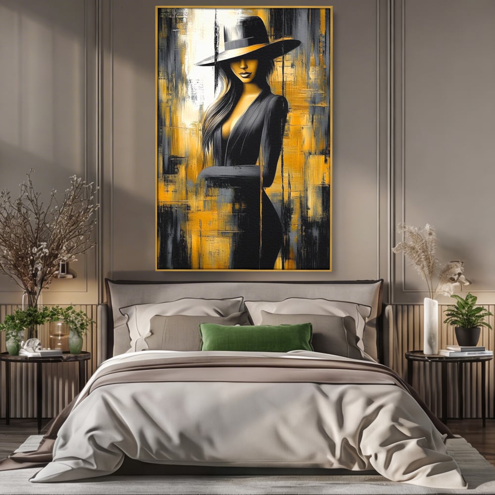 Tablou Canvas Premium, LuxCanva® G1173, Trecatoare prin Lumina, Oras, Necunoscuta, Boruri, Palarie, Silueta, Feminina, Auriu, Conceptual, Estetica, Cinematografic, Birou, Living, Dormitor