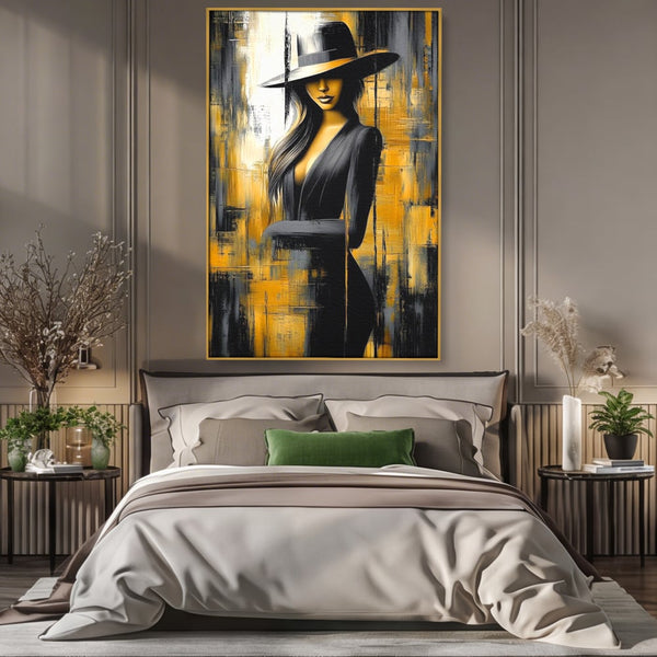 Leinwand Wandkunst Premium, LuxCanva® G1173, Passing Through Light, Stadt, Unbekannt, Ränder, Hut, Silhouette, Weiblich, Golden, Konzeptuell, Ästhetisch, Filmisch, Büro, Wohnzimmer, Schlafzimmer