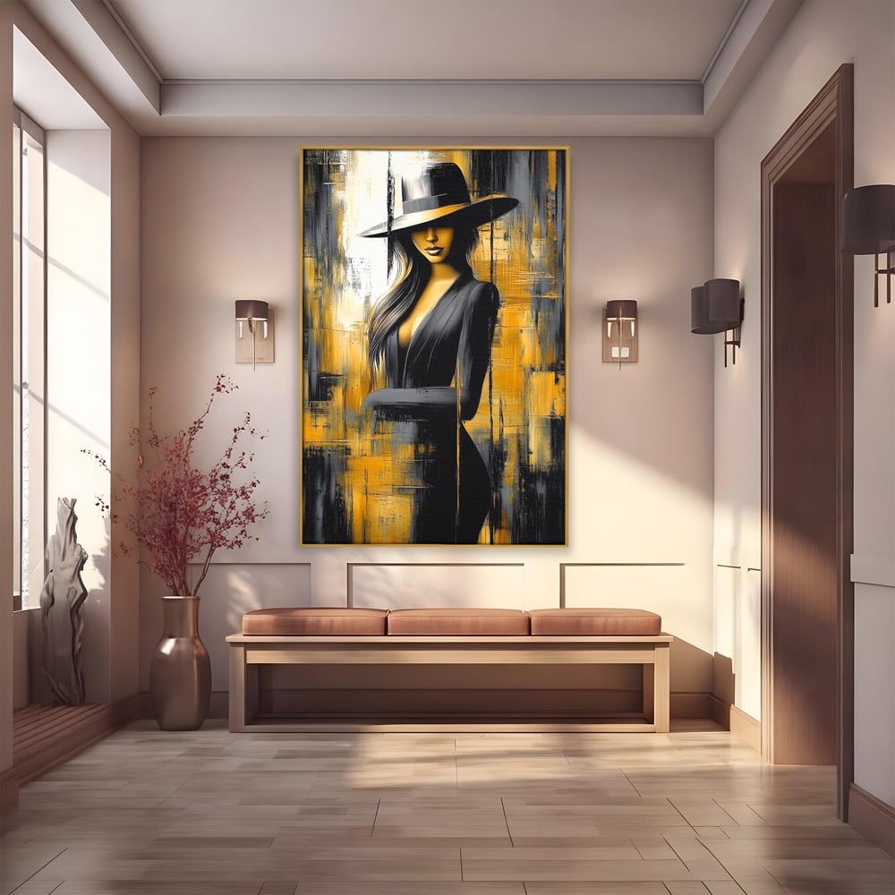 Tablou Canvas Premium, LuxCanva® G1173, Trecatoare prin Lumina, Oras, Necunoscuta, Boruri, Palarie, Silueta, Feminina, Auriu, Conceptual, Estetica, Cinematografic, Birou, Living, Dormitor