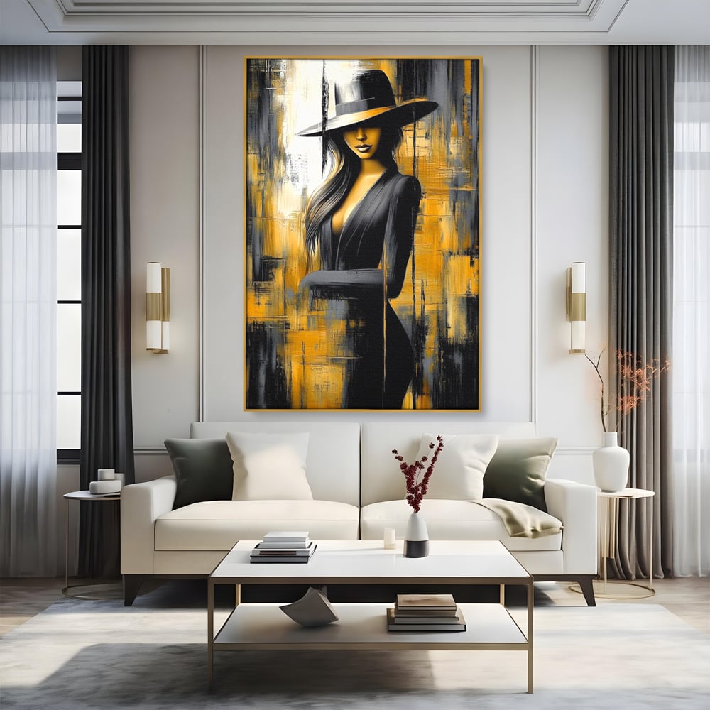 Tablou Canvas Premium, LuxCanva® G1173, Trecatoare prin Lumina, Oras, Necunoscuta, Boruri, Palarie, Silueta, Feminina, Auriu, Conceptual, Estetica, Cinematografic, Birou, Living, Dormitor