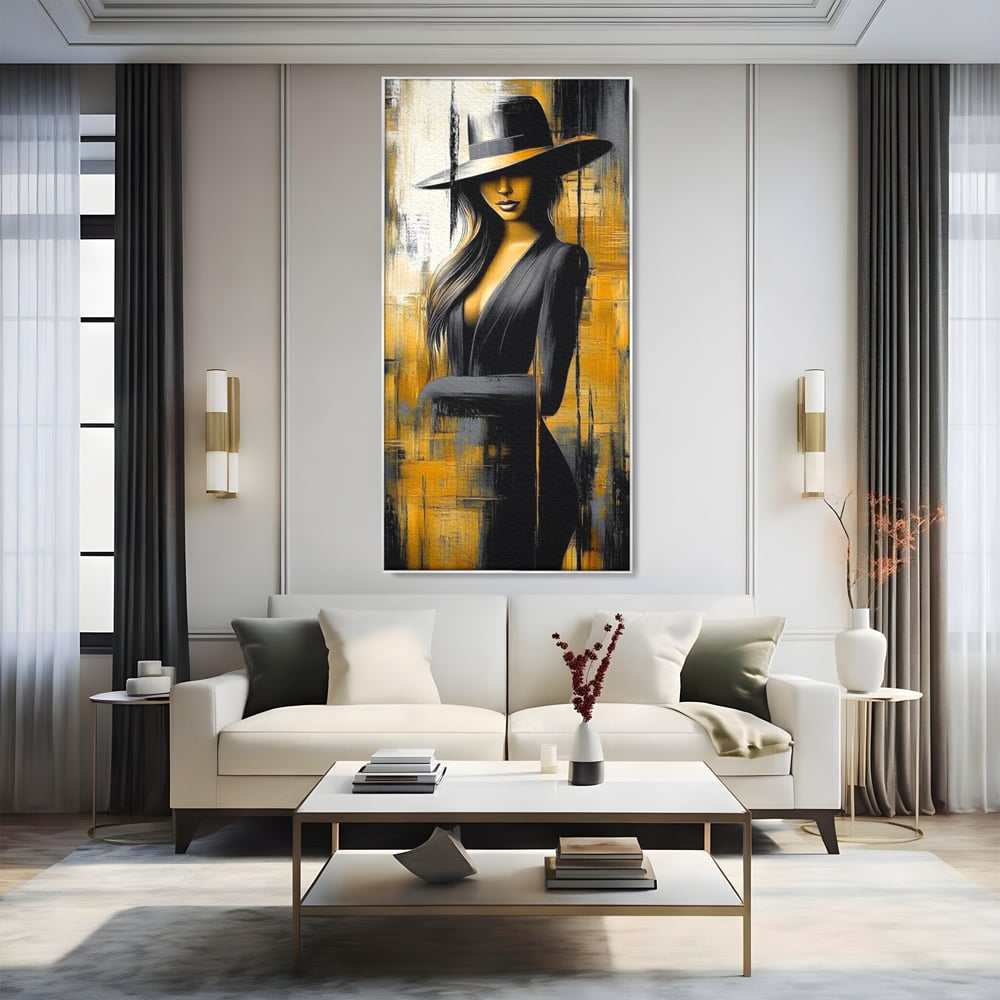 Tablou Canvas Premium, LuxCanva® G1173, Trecatoare prin Lumina, Oras, Necunoscuta, Boruri, Palarie, Silueta, Feminina, Auriu, Conceptual, Estetica, Cinematografic, Birou, Living, Dormitor