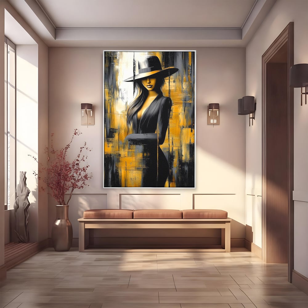 Tablou Canvas Premium, LuxCanva® G1173, Trecatoare prin Lumina, Oras, Necunoscuta, Boruri, Palarie, Silueta, Feminina, Auriu, Conceptual, Estetica, Cinematografic, Birou, Living, Dormitor