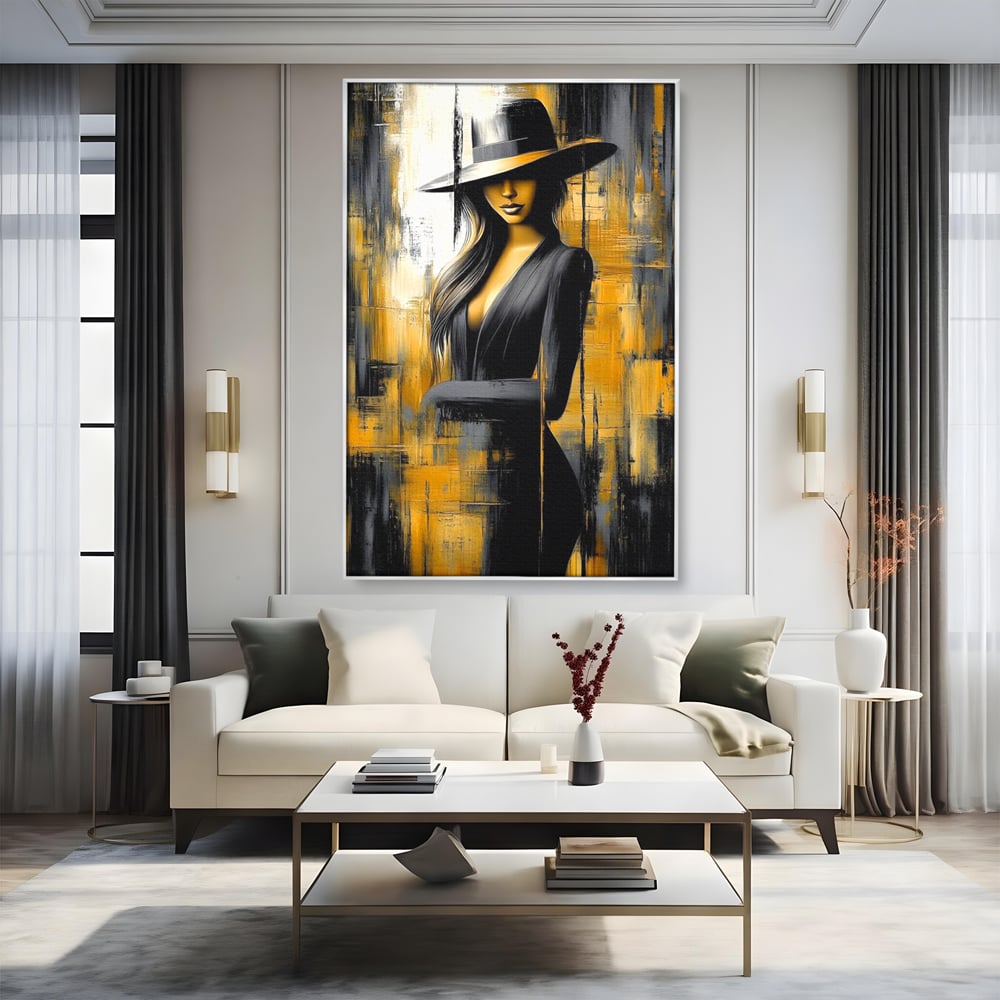 Tablou Canvas Premium, LuxCanva® G1173, Trecatoare prin Lumina, Oras, Necunoscuta, Boruri, Palarie, Silueta, Feminina, Auriu, Conceptual, Estetica, Cinematografic, Birou, Living, Dormitor