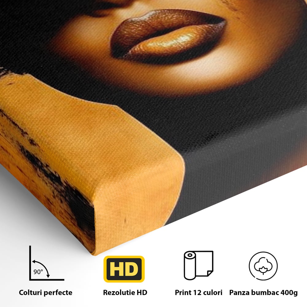 Tablou Canvas Premium, LuxCanva® G1175, Pasiune Mascata, Umbra, Negru, Auriu, Catifea, Eleganta, Dramatism, Vizual, Senzualitate, Lux, Buze, Revista, Salon, Birou, Living, Dormitor