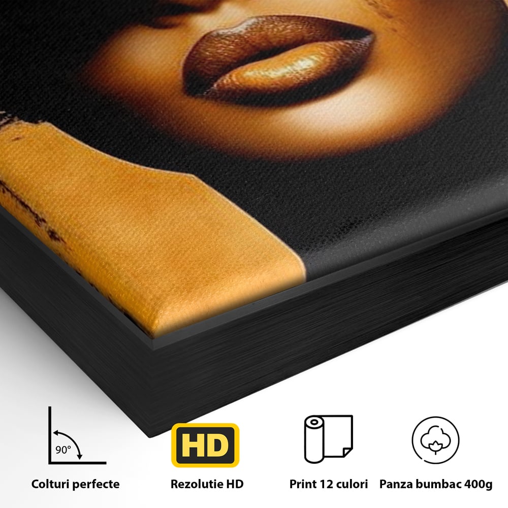 Tablou Canvas Premium, LuxCanva® G1175, Pasiune Mascata, Umbra, Negru, Auriu, Catifea, Eleganta, Dramatism, Vizual, Senzualitate, Lux, Buze, Revista, Salon, Birou, Living, Dormitor