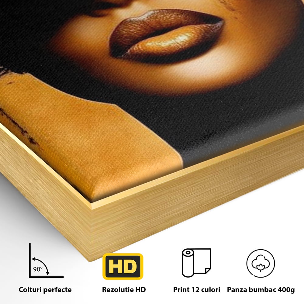 Tablou Canvas Premium, LuxCanva® G1175, Pasiune Mascata, Umbra, Negru, Auriu, Catifea, Eleganta, Dramatism, Vizual, Senzualitate, Lux, Buze, Revista, Salon, Birou, Living, Dormitor