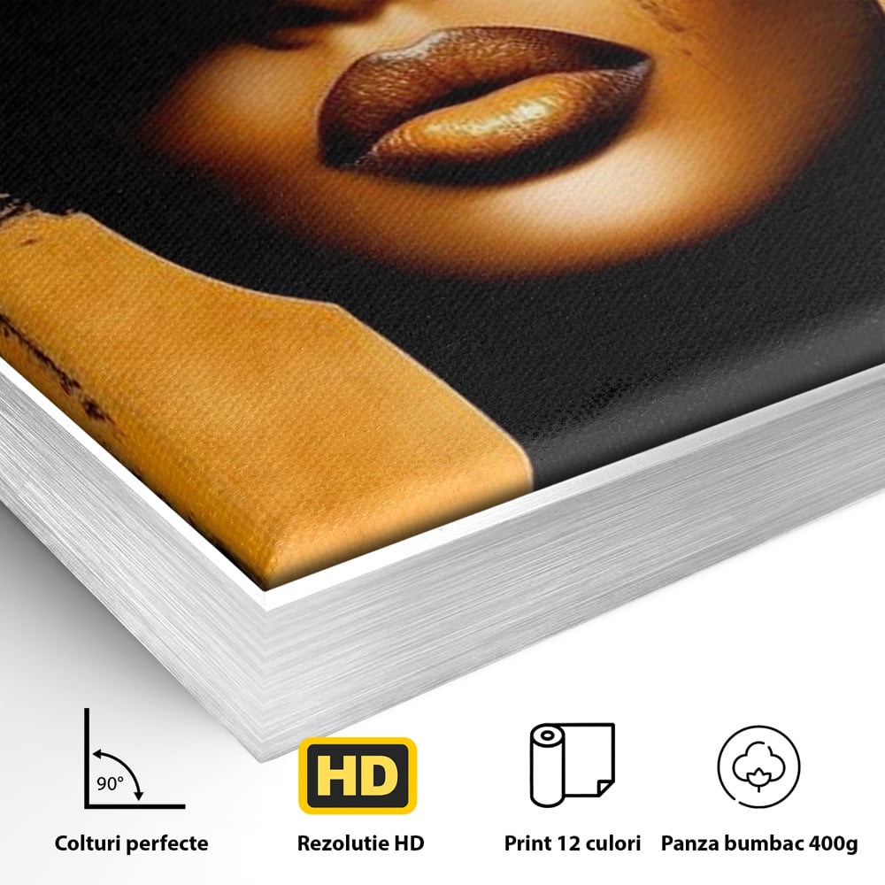 Tablou Canvas Premium, LuxCanva® G1175, Pasiune Mascata, Umbra, Negru, Auriu, Catifea, Eleganta, Dramatism, Vizual, Senzualitate, Lux, Buze, Revista, Salon, Birou, Living, Dormitor