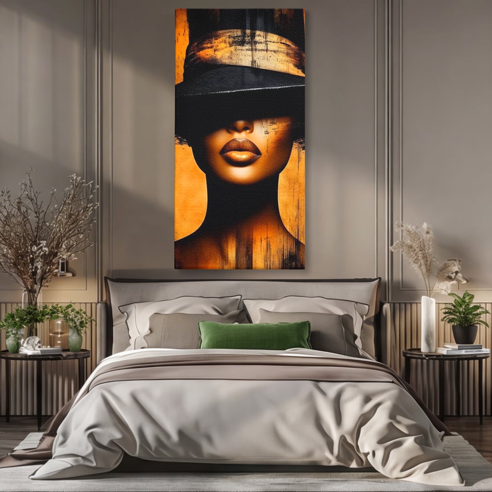 Tablou Canvas Premium, LuxCanva® G1175, Pasiune Mascata, Umbra, Negru, Auriu, Catifea, Eleganta, Dramatism, Vizual, Senzualitate, Lux, Buze, Revista, Salon, Birou, Living, Dormitor