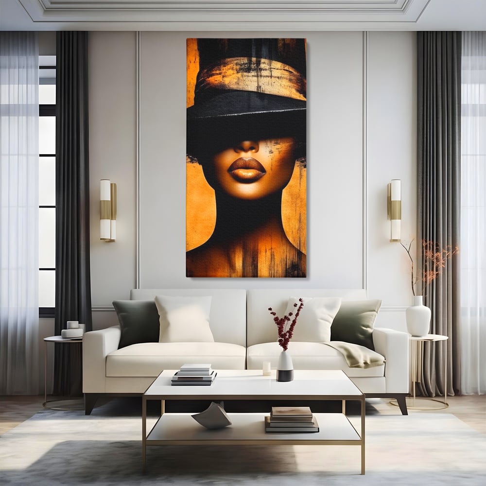 Tablou Canvas Premium, LuxCanva® G1175, Pasiune Mascata, Umbra, Negru, Auriu, Catifea, Eleganta, Dramatism, Vizual, Senzualitate, Lux, Buze, Revista, Salon, Birou, Living, Dormitor