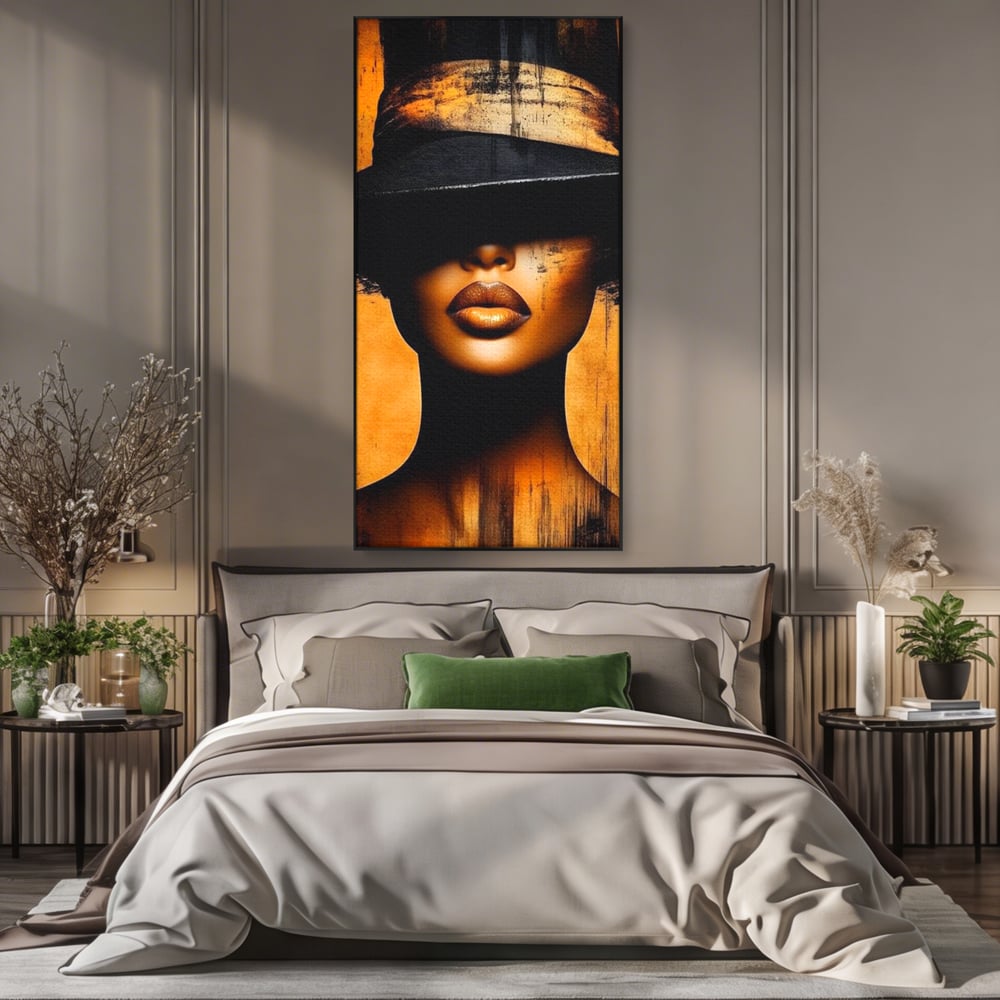 Tablou Canvas Premium, LuxCanva® G1175, Pasiune Mascata, Umbra, Negru, Auriu, Catifea, Eleganta, Dramatism, Vizual, Senzualitate, Lux, Buze, Revista, Salon, Birou, Living, Dormitor