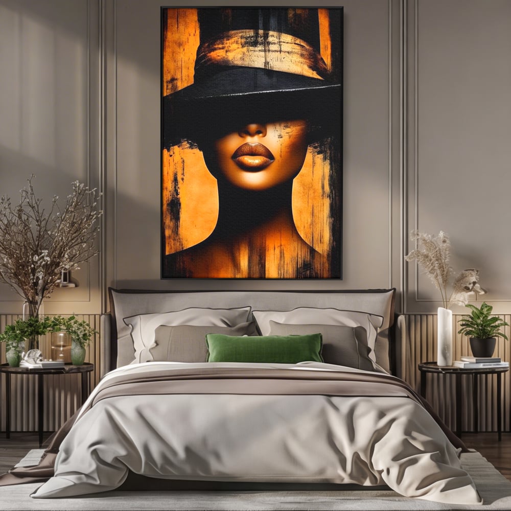 Tablou Canvas Premium, LuxCanva® G1175, Pasiune Mascata, Umbra, Negru, Auriu, Catifea, Eleganta, Dramatism, Vizual, Senzualitate, Lux, Buze, Revista, Salon, Birou, Living, Dormitor