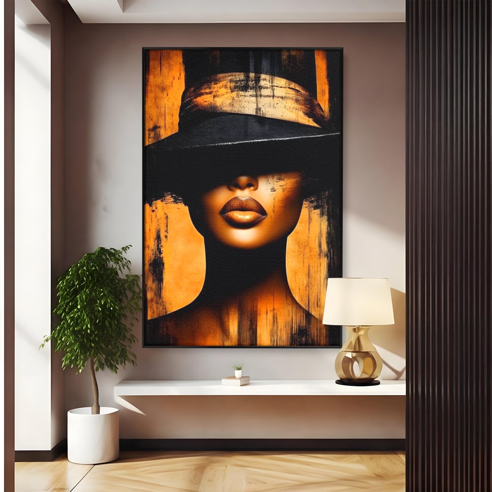 Tablou Canvas Premium, LuxCanva® G1175, Pasiune Mascata, Umbra, Negru, Auriu, Catifea, Eleganta, Dramatism, Vizual, Senzualitate, Lux, Buze, Revista, Salon, Birou, Living, Dormitor
