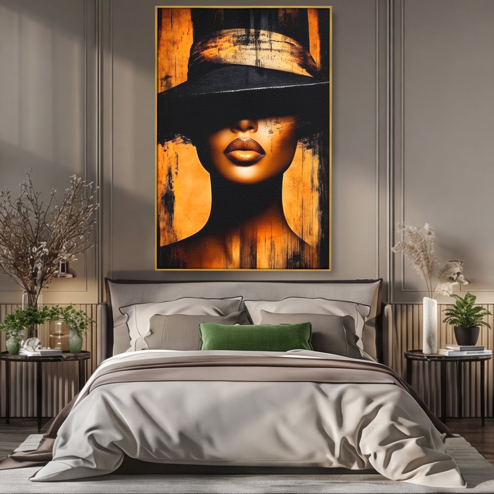 Tablou Canvas Premium, LuxCanva® G1175, Pasiune Mascata, Umbra, Negru, Auriu, Catifea, Eleganta, Dramatism, Vizual, Senzualitate, Lux, Buze, Revista, Salon, Birou, Living, Dormitor