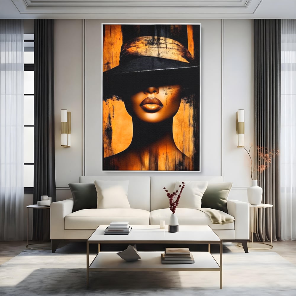 Tablou Canvas Premium, LuxCanva® G1175, Pasiune Mascata, Umbra, Negru, Auriu, Catifea, Eleganta, Dramatism, Vizual, Senzualitate, Lux, Buze, Revista, Salon, Birou, Living, Dormitor