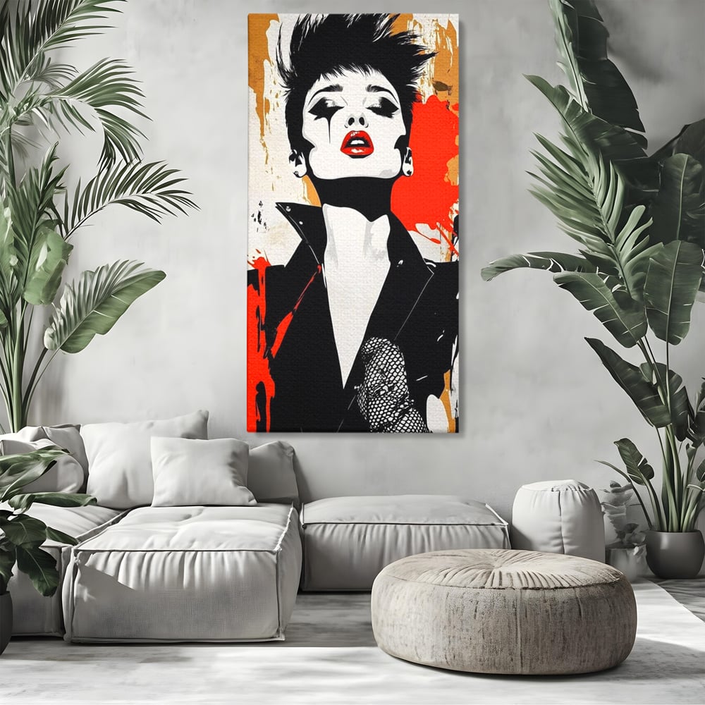 Leinwand Premium Canvas Wall Art, LuxCanva® G1178, Punk Eleganz, Lippenstift, Revolte, Chaos, Frau, Rebell, Glam, Anarchie, Pop Art, Retro, Freiheit, Nonkonformismus, Krieg, Büro, Wohnen, Schlafzimmer
