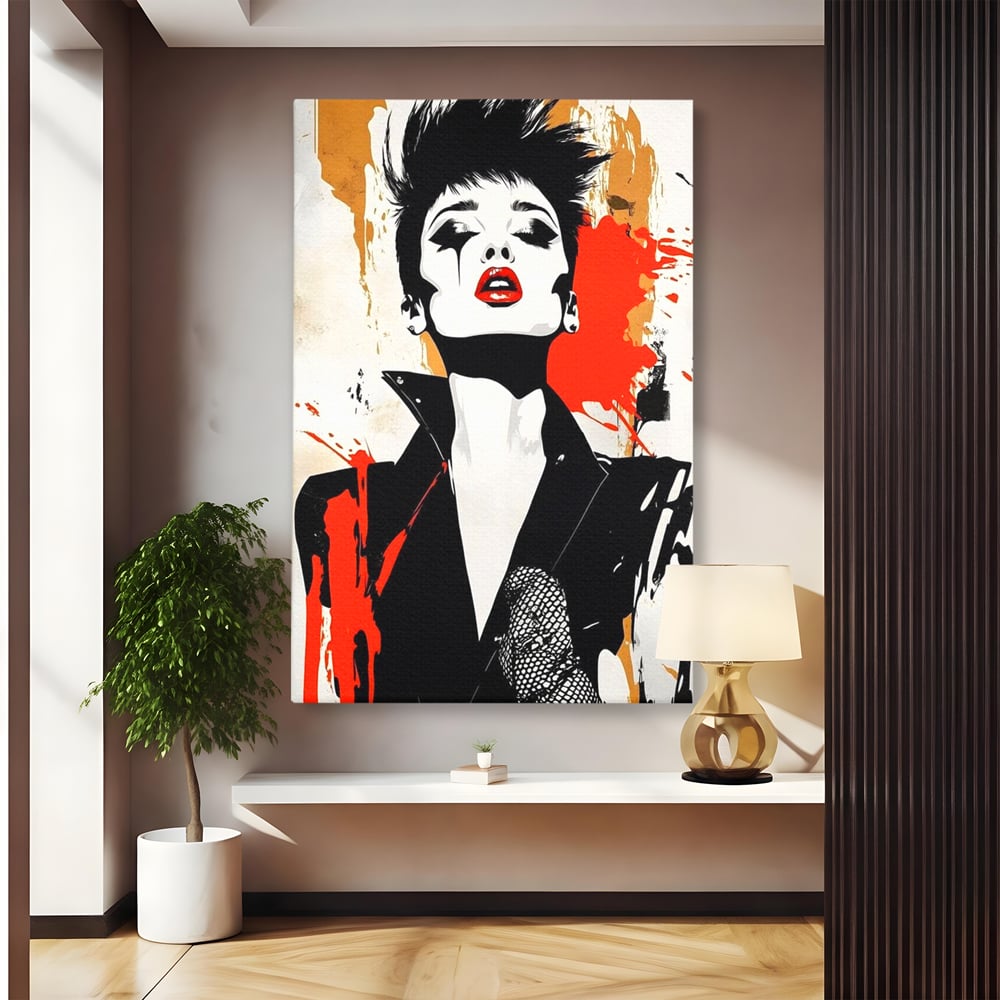 Leinwand Premium Canvas Wall Art, LuxCanva® G1178, Punk Eleganz, Lippenstift, Revolte, Chaos, Frau, Rebell, Glam, Anarchie, Pop Art, Retro, Freiheit, Nonkonformismus, Krieg, Büro, Wohnen, Schlafzimmer