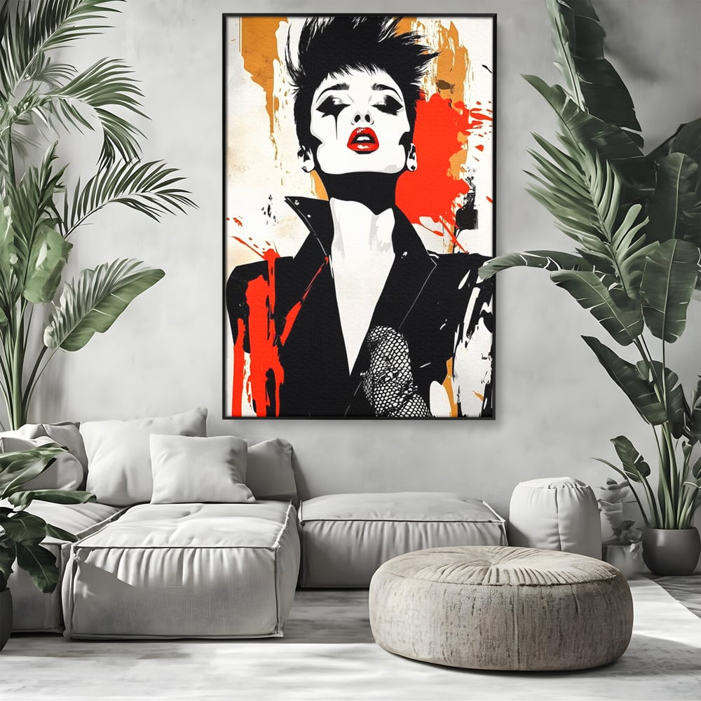 Leinwand Premium Canvas Wall Art, LuxCanva® G1178, Punk Eleganz, Lippenstift, Revolte, Chaos, Frau, Rebell, Glam, Anarchie, Pop Art, Retro, Freiheit, Nonkonformismus, Krieg, Büro, Wohnen, Schlafzimmer