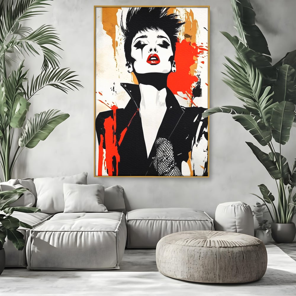 Leinwand Premium Canvas Wall Art, LuxCanva® G1178, Punk Eleganz, Lippenstift, Revolte, Chaos, Frau, Rebell, Glam, Anarchie, Pop Art, Retro, Freiheit, Nonkonformismus, Krieg, Büro, Wohnen, Schlafzimmer