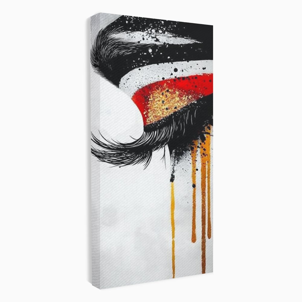 Tablou Canvas Premium, LuxCanva® G1180, Privirea care Curge, Ochi, Gene, Lacrimi, Tacere, Durere, Emotie, Drama, Rosu, Galben, Negru, Stropi, Suferinta, Birou, Living, Dormitor