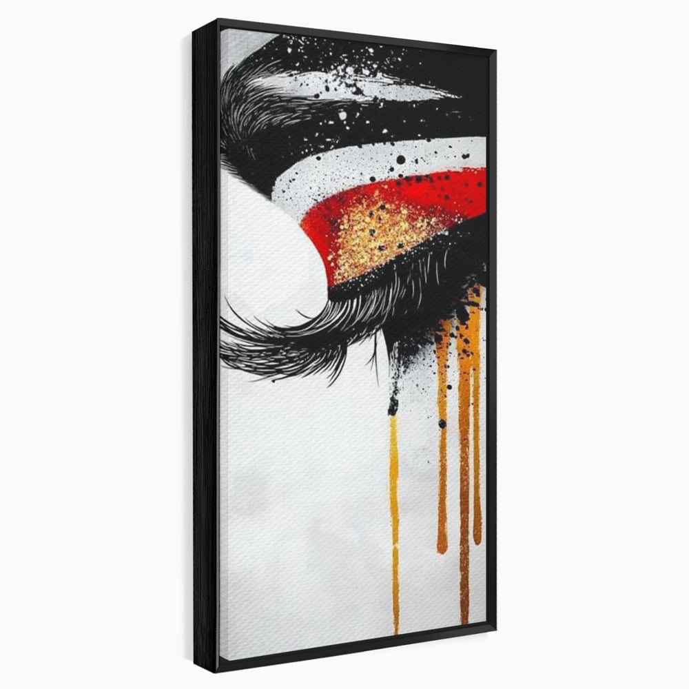 Tablou Canvas Premium, LuxCanva® G1180, Privirea care Curge, Ochi, Gene, Lacrimi, Tacere, Durere, Emotie, Drama, Rosu, Galben, Negru, Stropi, Suferinta, Birou, Living, Dormitor