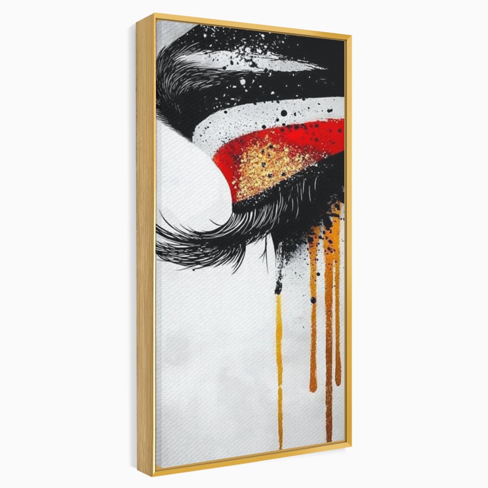 Tablou Canvas Premium, LuxCanva® G1180, Privirea care Curge, Ochi, Gene, Lacrimi, Tacere, Durere, Emotie, Drama, Rosu, Galben, Negru, Stropi, Suferinta, Birou, Living, Dormitor