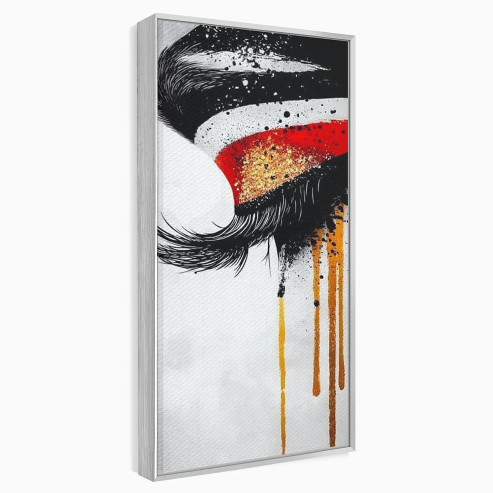 Tablou Canvas Premium, LuxCanva® G1180, Privirea care Curge, Ochi, Gene, Lacrimi, Tacere, Durere, Emotie, Drama, Rosu, Galben, Negru, Stropi, Suferinta, Birou, Living, Dormitor