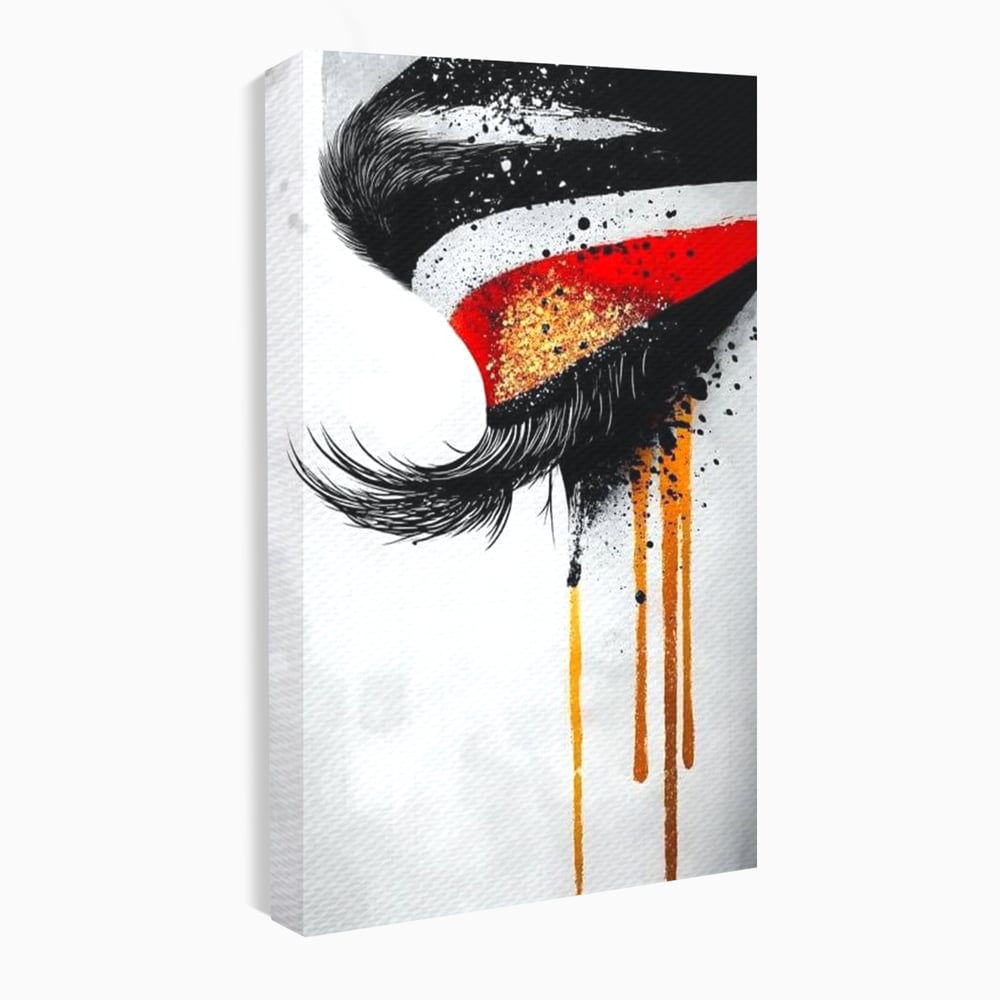 Tablou Canvas Premium, LuxCanva® G1180, Privirea care Curge, Ochi, Gene, Lacrimi, Tacere, Durere, Emotie, Drama, Rosu, Galben, Negru, Stropi, Suferinta, Birou, Living, Dormitor