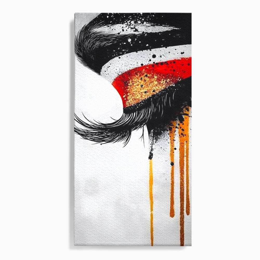 Tablou Canvas Premium, LuxCanva® G1180, Privirea care Curge, Ochi, Gene, Lacrimi, Tacere, Durere, Emotie, Drama, Rosu, Galben, Negru, Stropi, Suferinta, Birou, Living, Dormitor