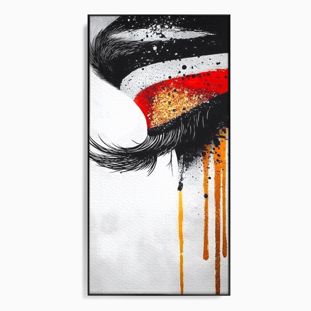 Tablou Canvas Premium, LuxCanva® G1180, Privirea care Curge, Ochi, Gene, Lacrimi, Tacere, Durere, Emotie, Drama, Rosu, Galben, Negru, Stropi, Suferinta, Birou, Living, Dormitor