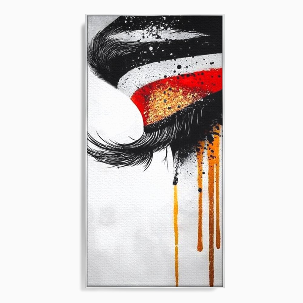 Tablou Canvas Premium, LuxCanva® G1180, Privirea care Curge, Ochi, Gene, Lacrimi, Tacere, Durere, Emotie, Drama, Rosu, Galben, Negru, Stropi, Suferinta, Birou, Living, Dormitor