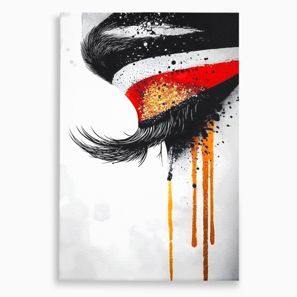 Tablou Canvas Premium, LuxCanva® G1180, Privirea care Curge, Ochi, Gene, Lacrimi, Tacere, Durere, Emotie, Drama, Rosu, Galben, Negru, Stropi, Suferinta, Birou, Living, Dormitor