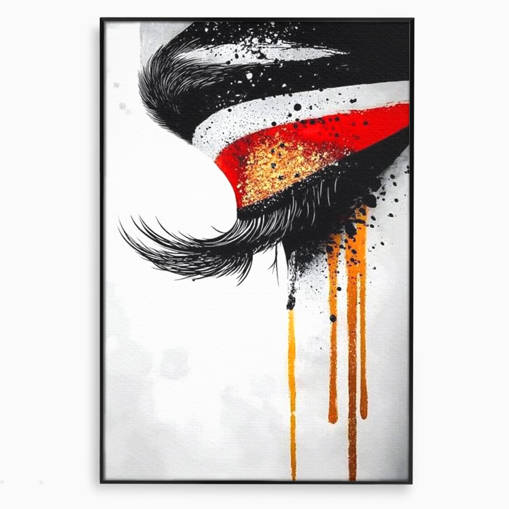 Tablou Canvas Premium, LuxCanva® G1180, Privirea care Curge, Ochi, Gene, Lacrimi, Tacere, Durere, Emotie, Drama, Rosu, Galben, Negru, Stropi, Suferinta, Birou, Living, Dormitor