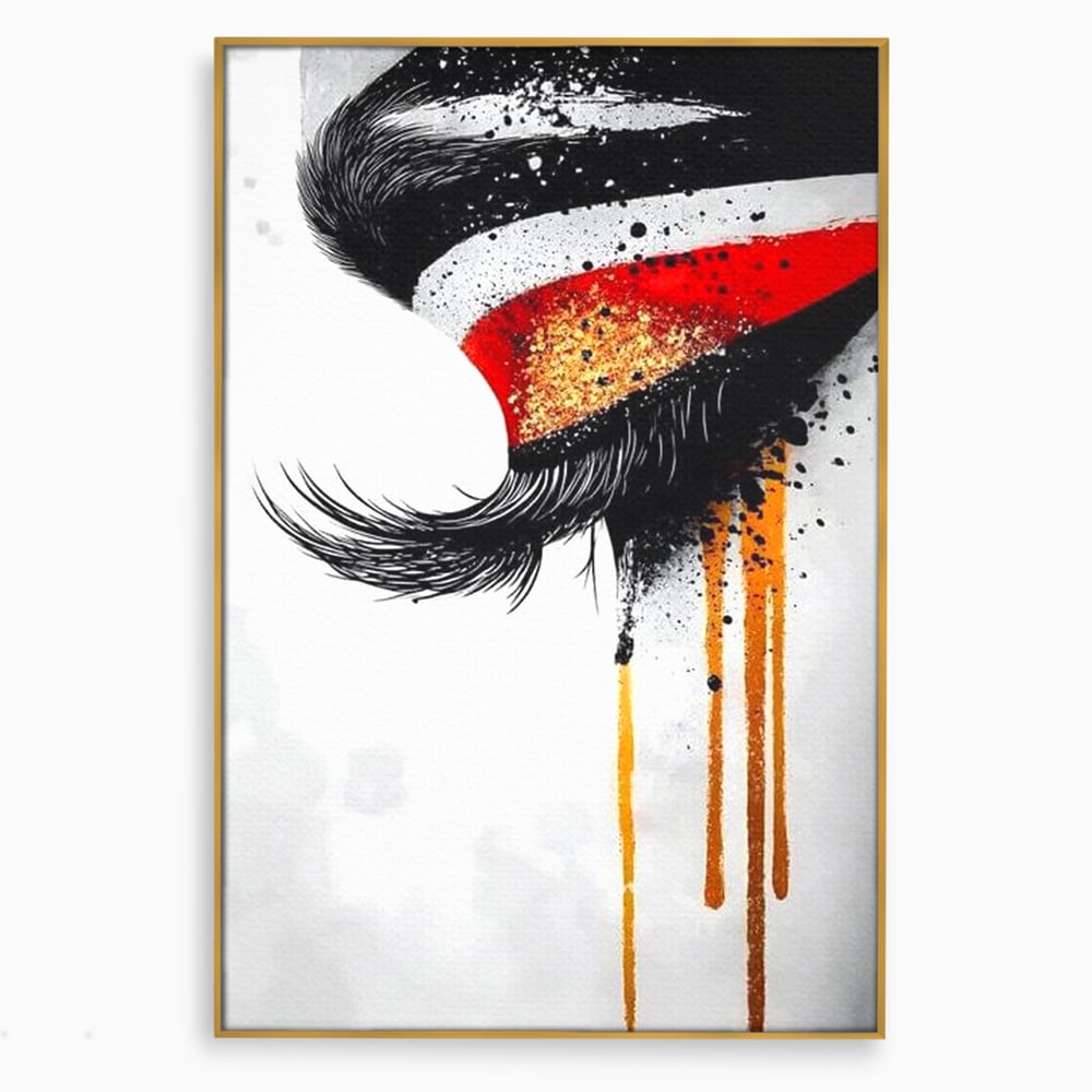 Tablou Canvas Premium, LuxCanva® G1180, Privirea care Curge, Ochi, Gene, Lacrimi, Tacere, Durere, Emotie, Drama, Rosu, Galben, Negru, Stropi, Suferinta, Birou, Living, Dormitor