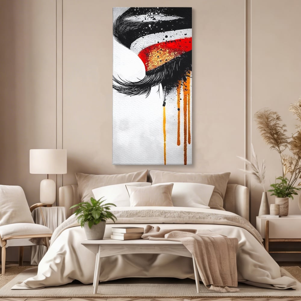 Tablou Canvas Premium, LuxCanva® G1180, Privirea care Curge, Ochi, Gene, Lacrimi, Tacere, Durere, Emotie, Drama, Rosu, Galben, Negru, Stropi, Suferinta, Birou, Living, Dormitor