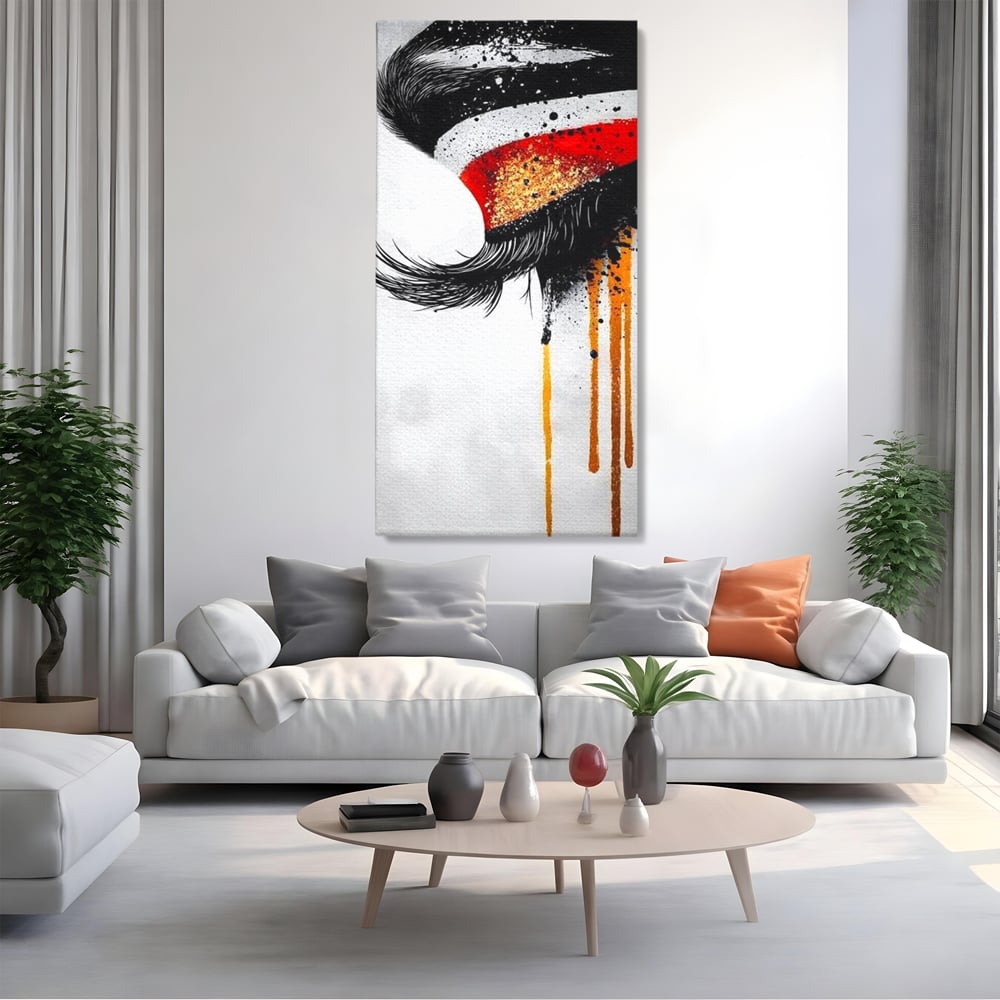 Tablou Canvas Premium, LuxCanva® G1180, Privirea care Curge, Ochi, Gene, Lacrimi, Tacere, Durere, Emotie, Drama, Rosu, Galben, Negru, Stropi, Suferinta, Birou, Living, Dormitor