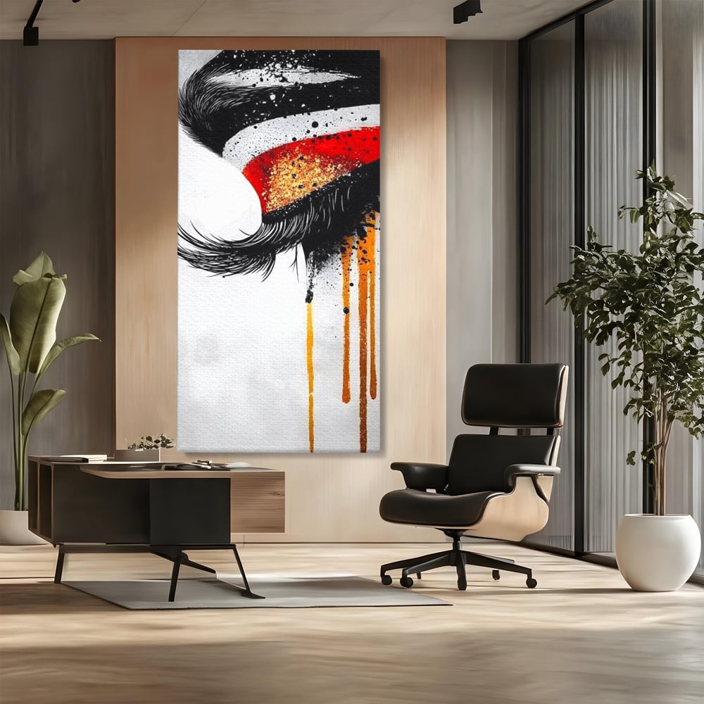 Tablou Canvas Premium, LuxCanva® G1180, Privirea care Curge, Ochi, Gene, Lacrimi, Tacere, Durere, Emotie, Drama, Rosu, Galben, Negru, Stropi, Suferinta, Birou, Living, Dormitor