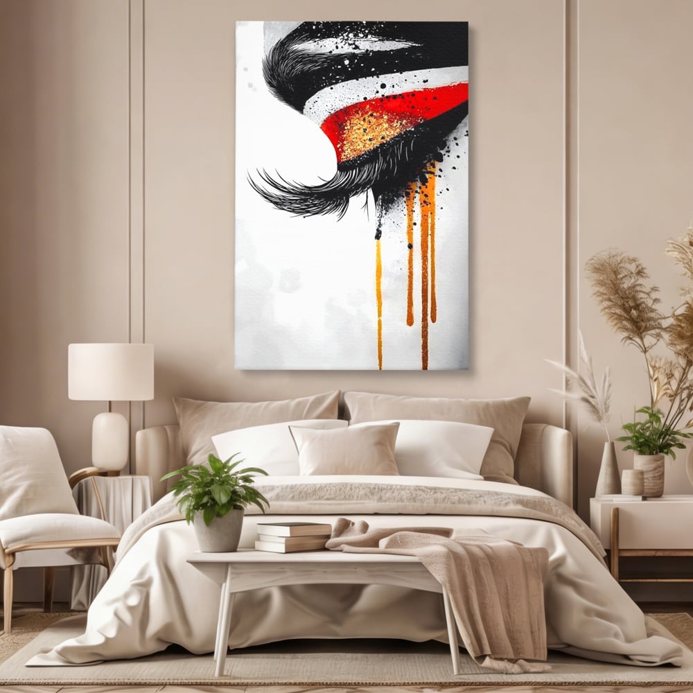 Tablou Canvas Premium, LuxCanva® G1180, Privirea care Curge, Ochi, Gene, Lacrimi, Tacere, Durere, Emotie, Drama, Rosu, Galben, Negru, Stropi, Suferinta, Birou, Living, Dormitor