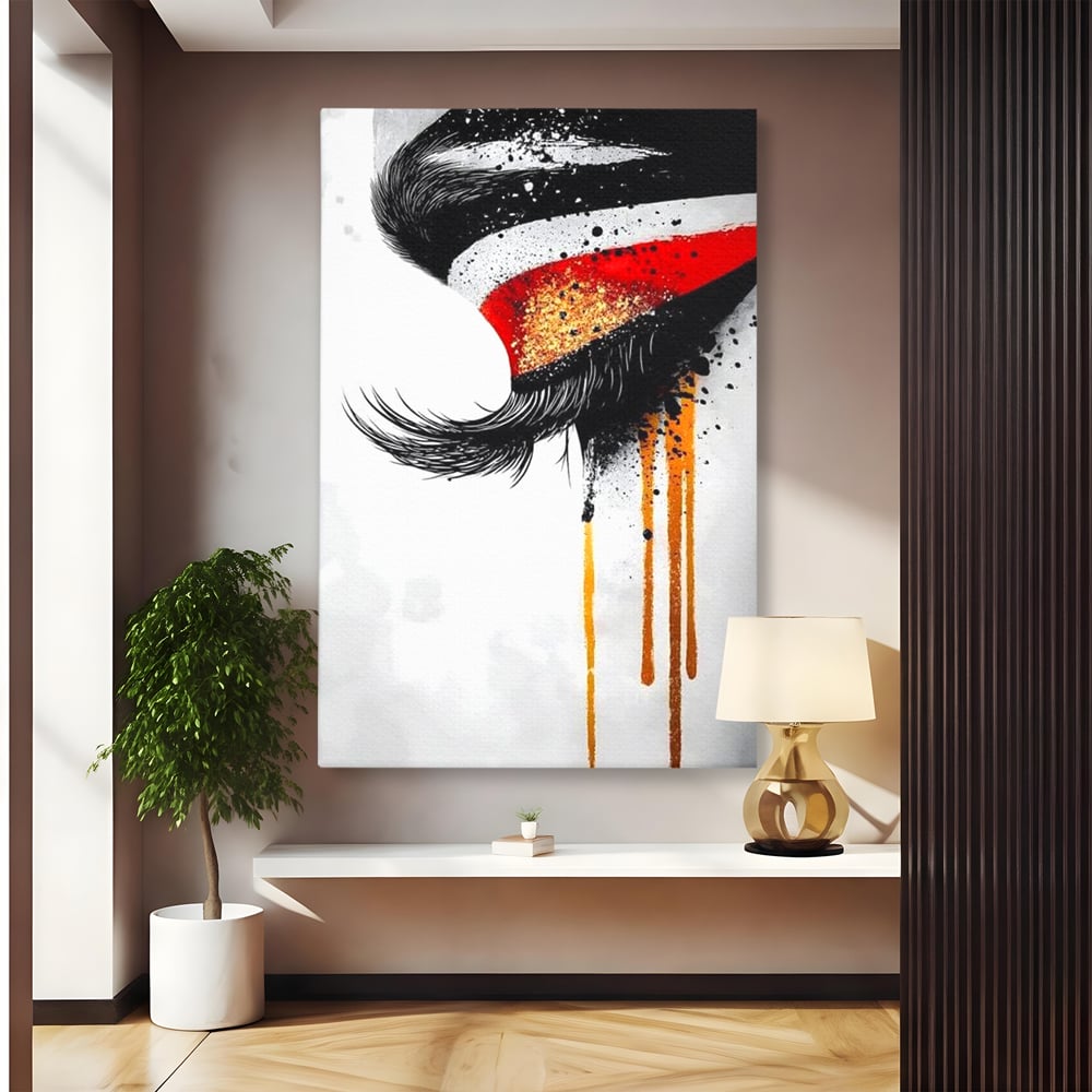 Tablou Canvas Premium, LuxCanva® G1180, Privirea care Curge, Ochi, Gene, Lacrimi, Tacere, Durere, Emotie, Drama, Rosu, Galben, Negru, Stropi, Suferinta, Birou, Living, Dormitor
