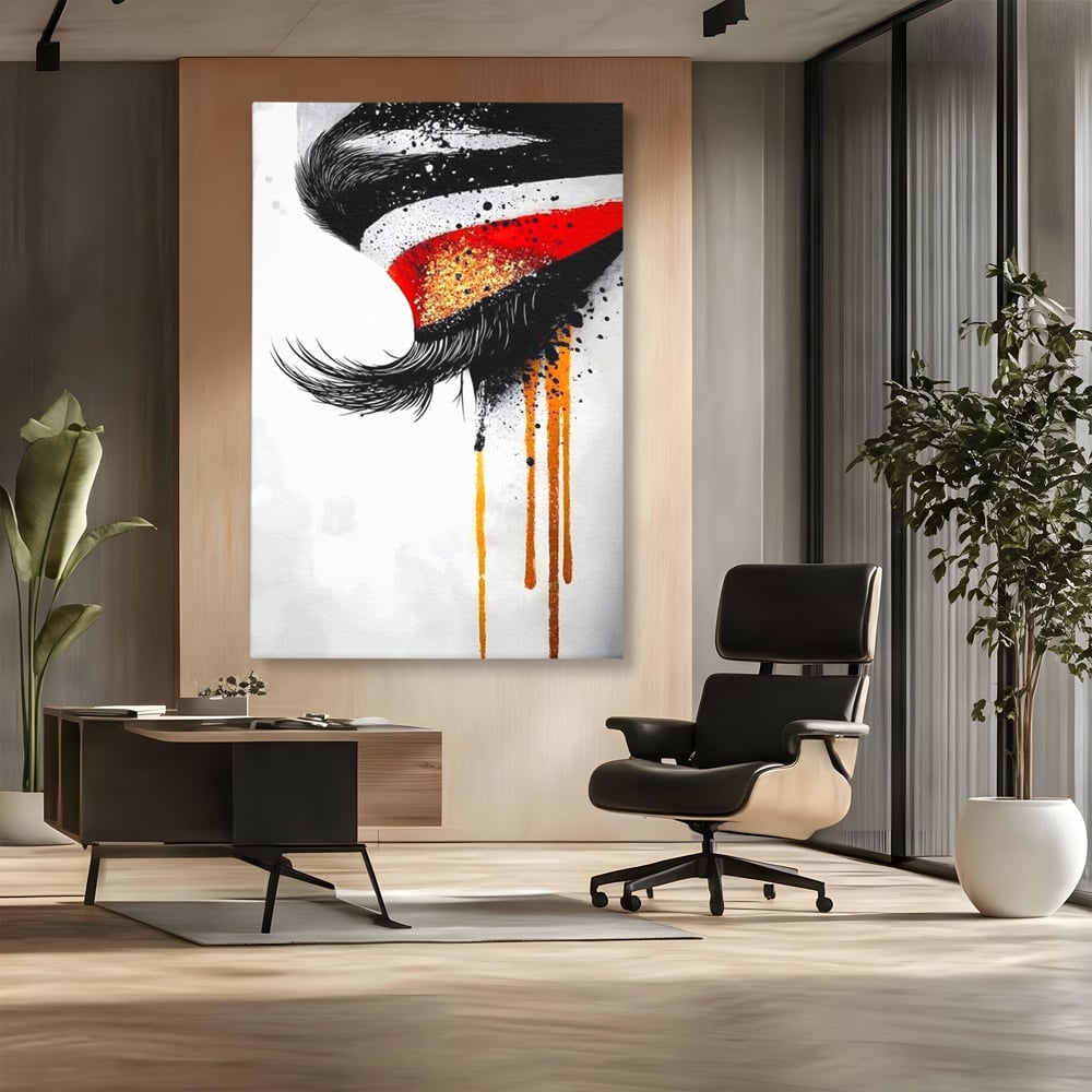 Tablou Canvas Premium, LuxCanva® G1180, Privirea care Curge, Ochi, Gene, Lacrimi, Tacere, Durere, Emotie, Drama, Rosu, Galben, Negru, Stropi, Suferinta, Birou, Living, Dormitor
