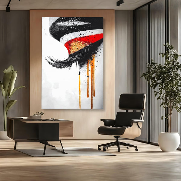 Tablou Canvas Premium, LuxCanva® G1180, Privirea care Curge, Ochi, Gene, Lacrimi, Tacere, Durere, Emotie, Drama, Rosu, Galben, Negru, Stropi, Suferinta, Birou, Living, Dormitor