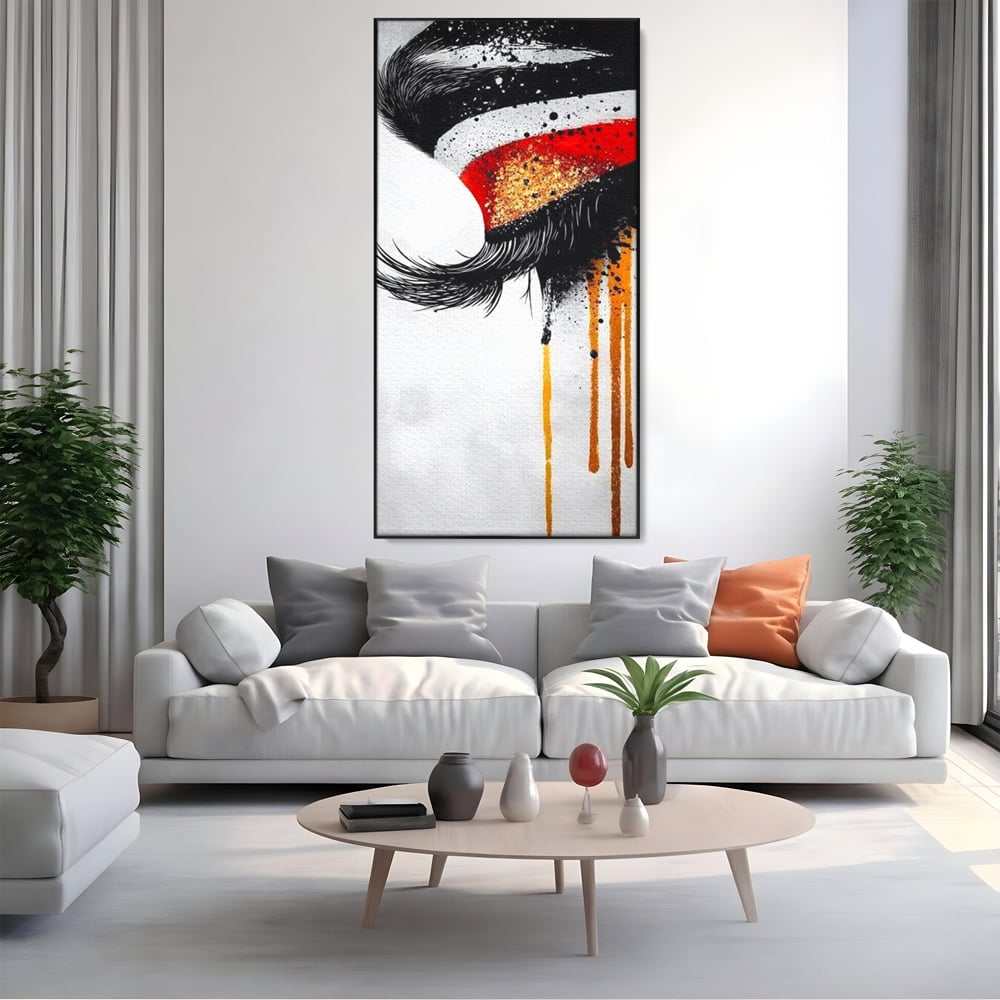Tablou Canvas Premium, LuxCanva® G1180, Privirea care Curge, Ochi, Gene, Lacrimi, Tacere, Durere, Emotie, Drama, Rosu, Galben, Negru, Stropi, Suferinta, Birou, Living, Dormitor