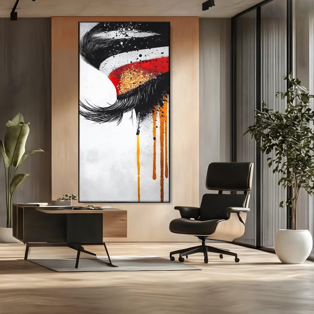 Tablou Canvas Premium, LuxCanva® G1180, Privirea care Curge, Ochi, Gene, Lacrimi, Tacere, Durere, Emotie, Drama, Rosu, Galben, Negru, Stropi, Suferinta, Birou, Living, Dormitor