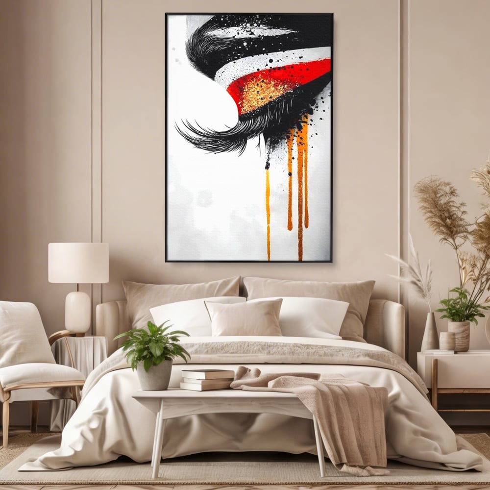Tablou Canvas Premium, LuxCanva® G1180, Privirea care Curge, Ochi, Gene, Lacrimi, Tacere, Durere, Emotie, Drama, Rosu, Galben, Negru, Stropi, Suferinta, Birou, Living, Dormitor