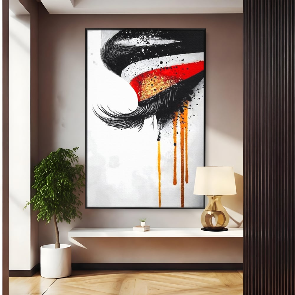 Tablou Canvas Premium, LuxCanva® G1180, Privirea care Curge, Ochi, Gene, Lacrimi, Tacere, Durere, Emotie, Drama, Rosu, Galben, Negru, Stropi, Suferinta, Birou, Living, Dormitor